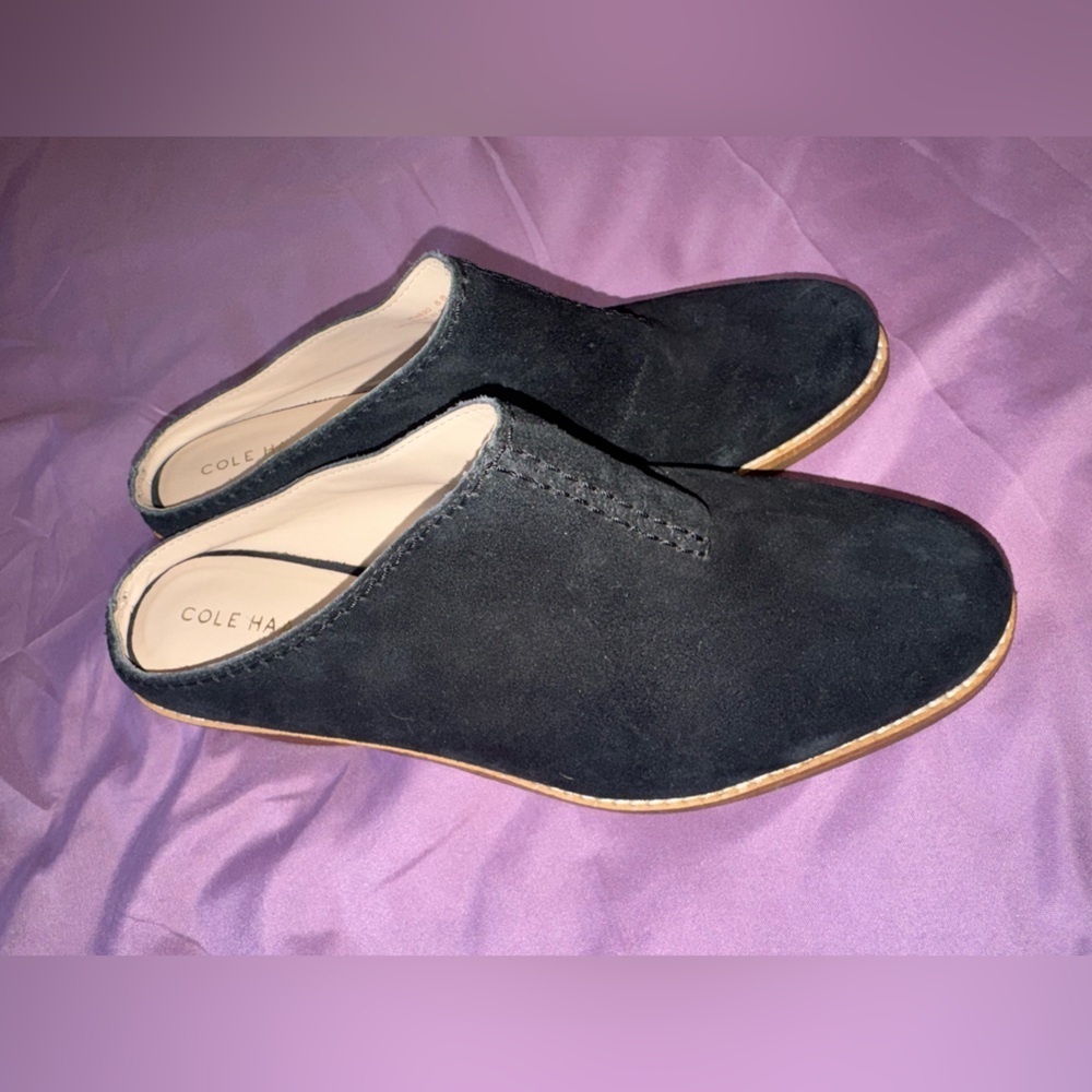 Cole Haan Black Suede Backless Slip-On Mules. Size 8